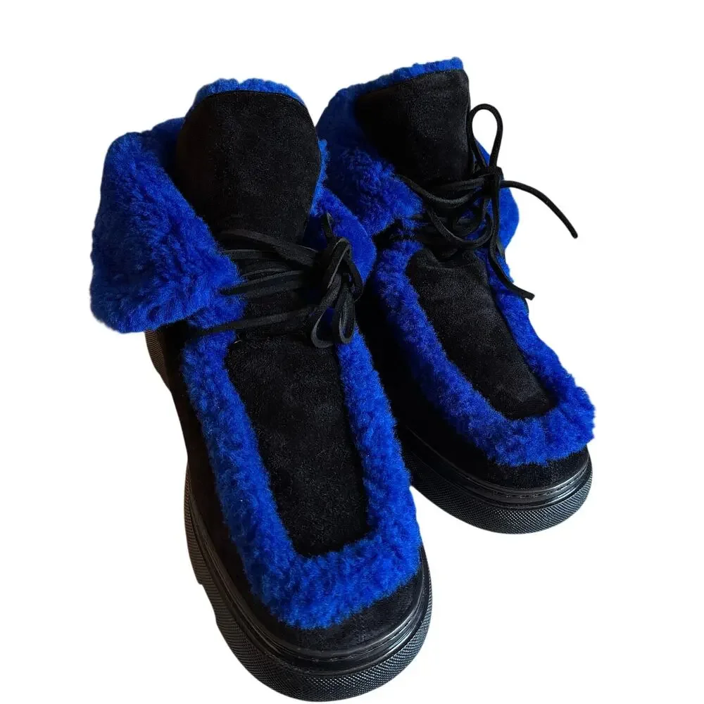 Burberry NWT Blue/Black Shearling Embellished Suede Creeper Boot - Picture 4 of 10